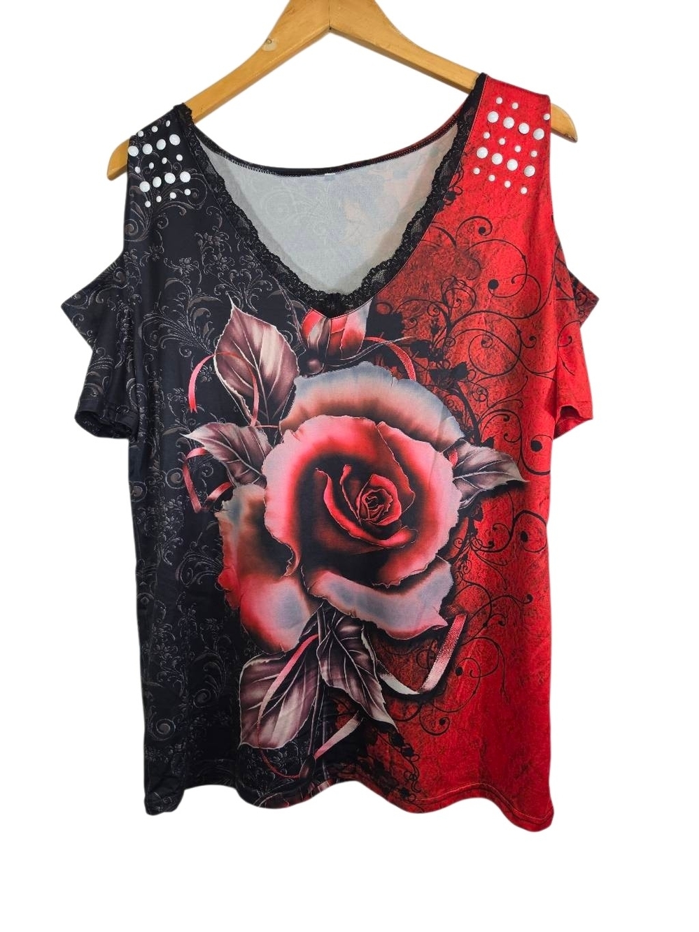 SHEIN Red Black Rose Print Cold Shoulder Lace V‑Neck Top – Women’s XXXL